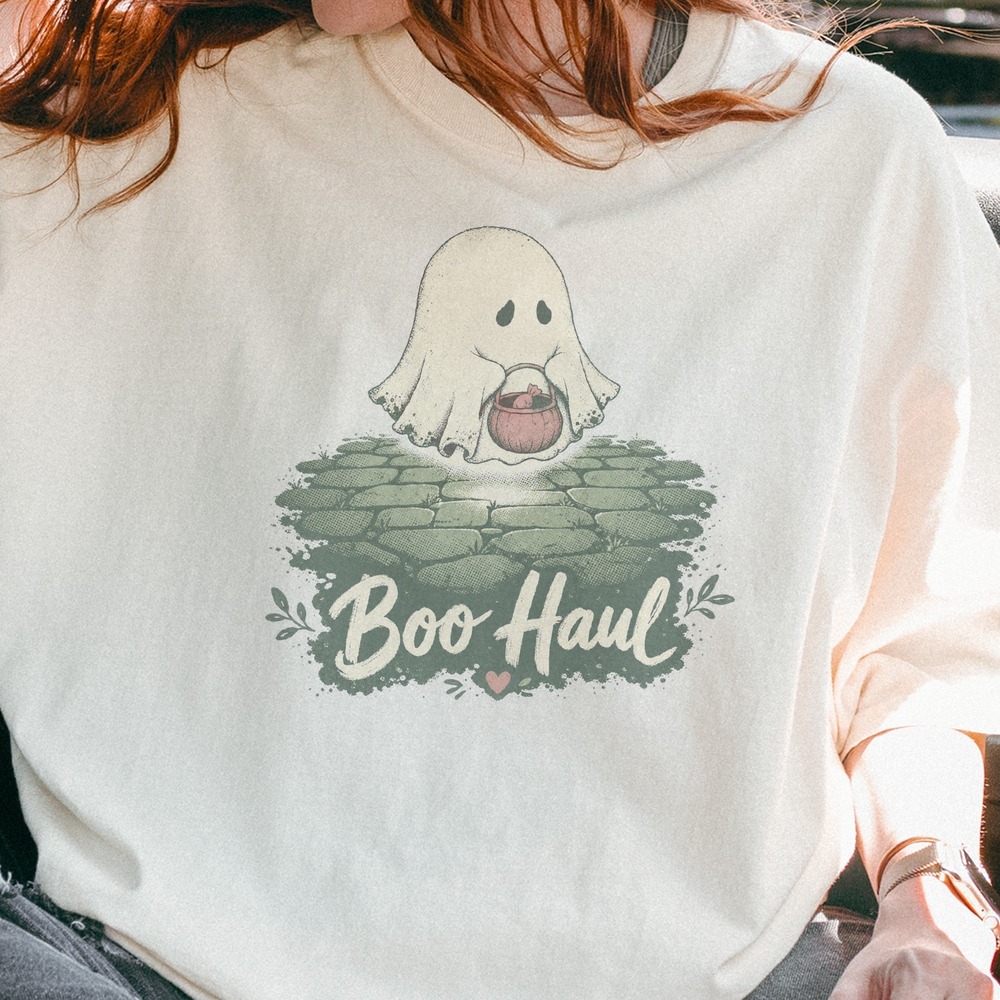 Boo Haul Ghost Floating Above the Cobblestone Path Tee